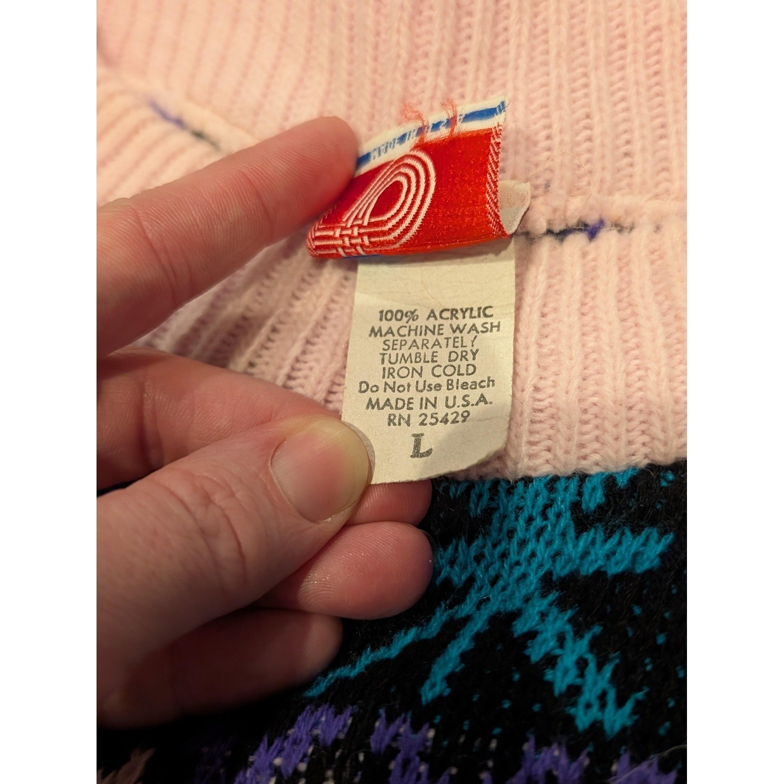 Vintage 90s RKI Knits Sweater Womens L Pink Multi Color Knitted Pullover USA