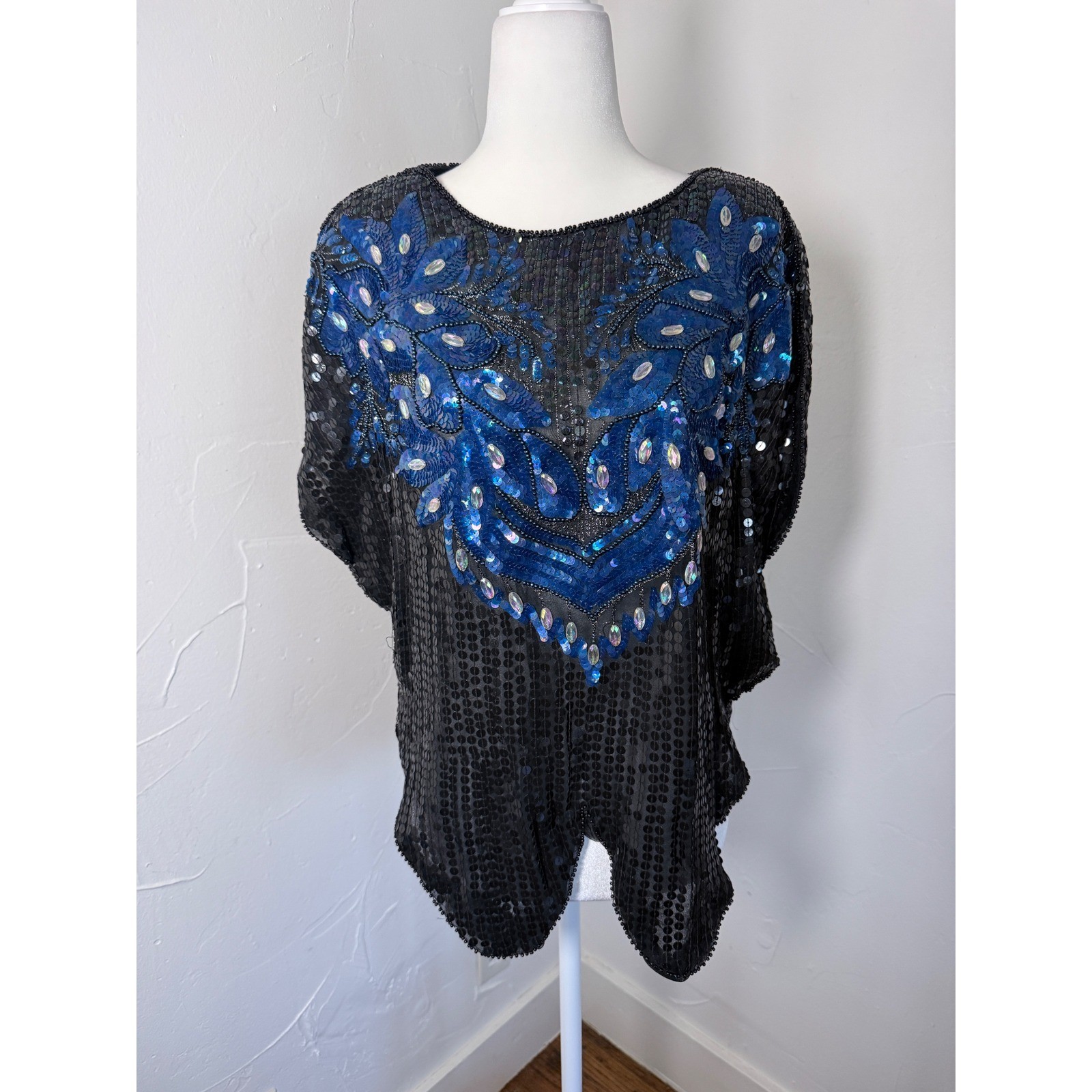 Vintage 80s Black Sequin Top Blue Floral Beaded Dolman Scallop Hem Party