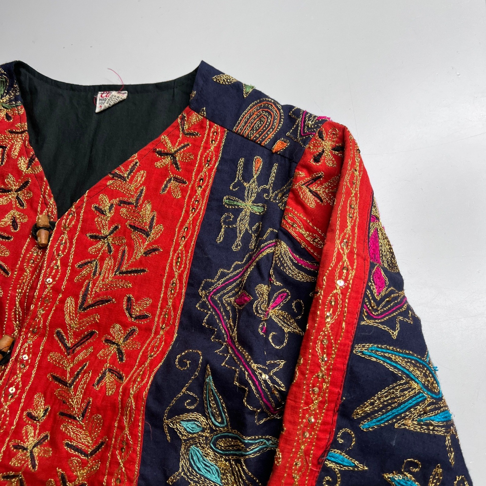 Vintage Classic India Embroidered Cotton Jacket Red Navy Elephant Boho Toggle OS