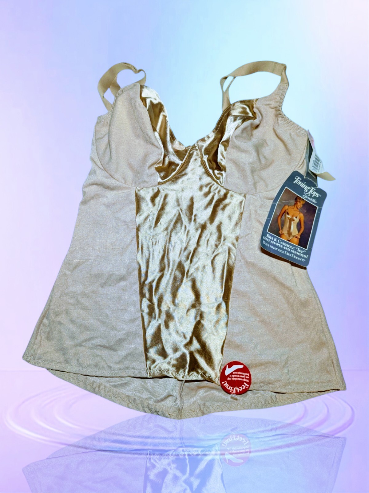 Vtg TONING TOP BY SMOOTHIE Bra Cami Top ONE PIECE Beige SHAPEWEAR 34D Womens NWT