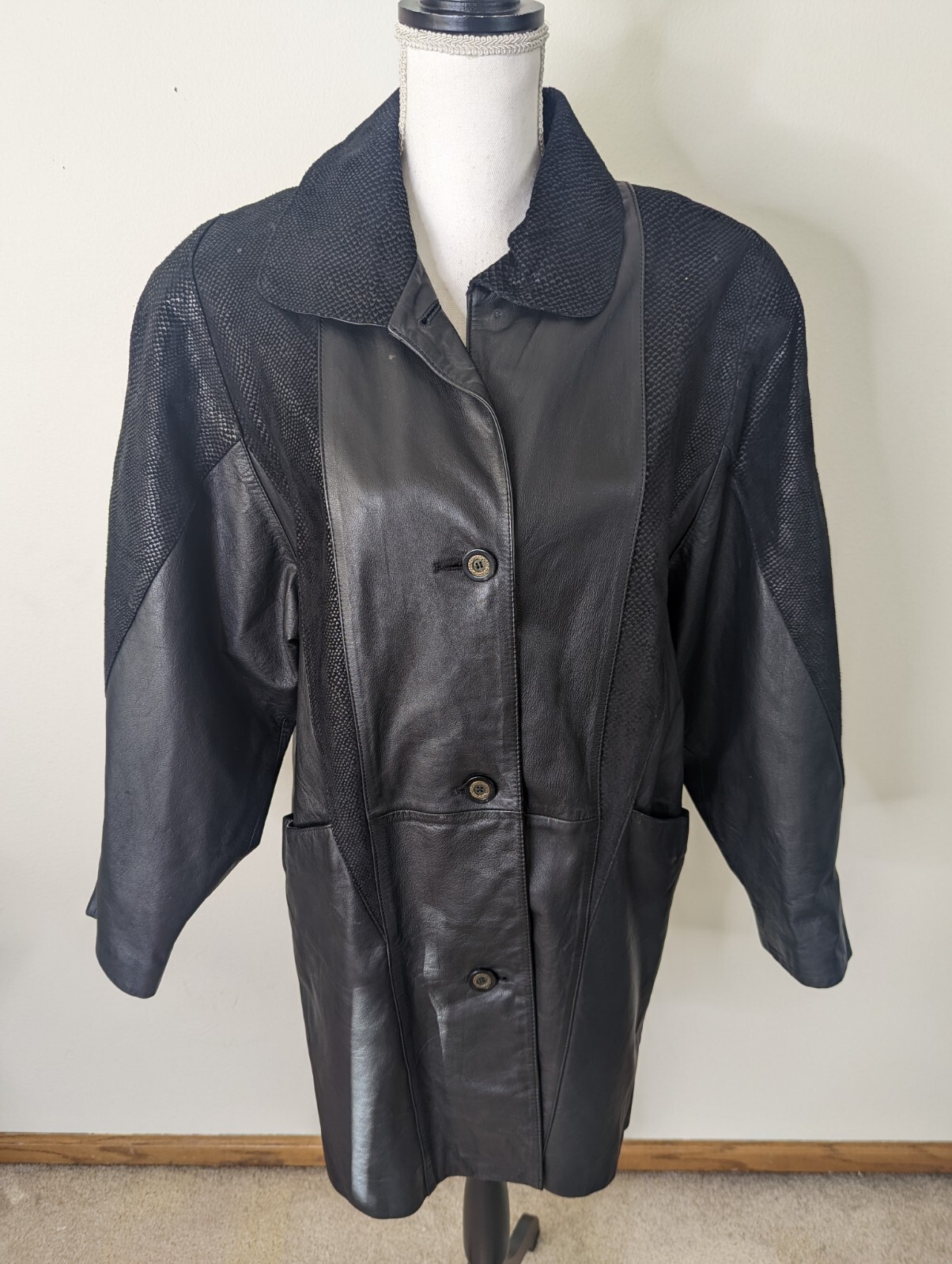 Vtg 80s Black Leather Leopard Patchwork Women’s Coat Jacket Sz M Relaxed 10/12