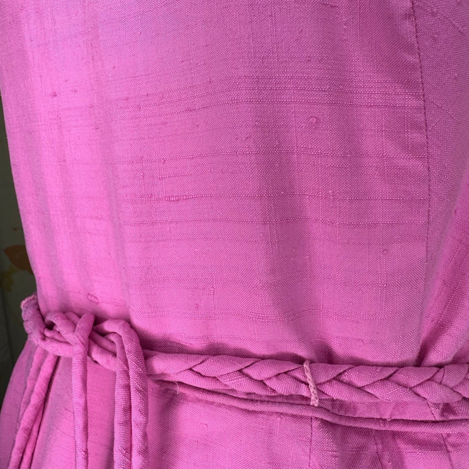 Vintage 1960s Pink Doupioni Silk Sheath Dress Italy Couleur Fabrics Braided Belt