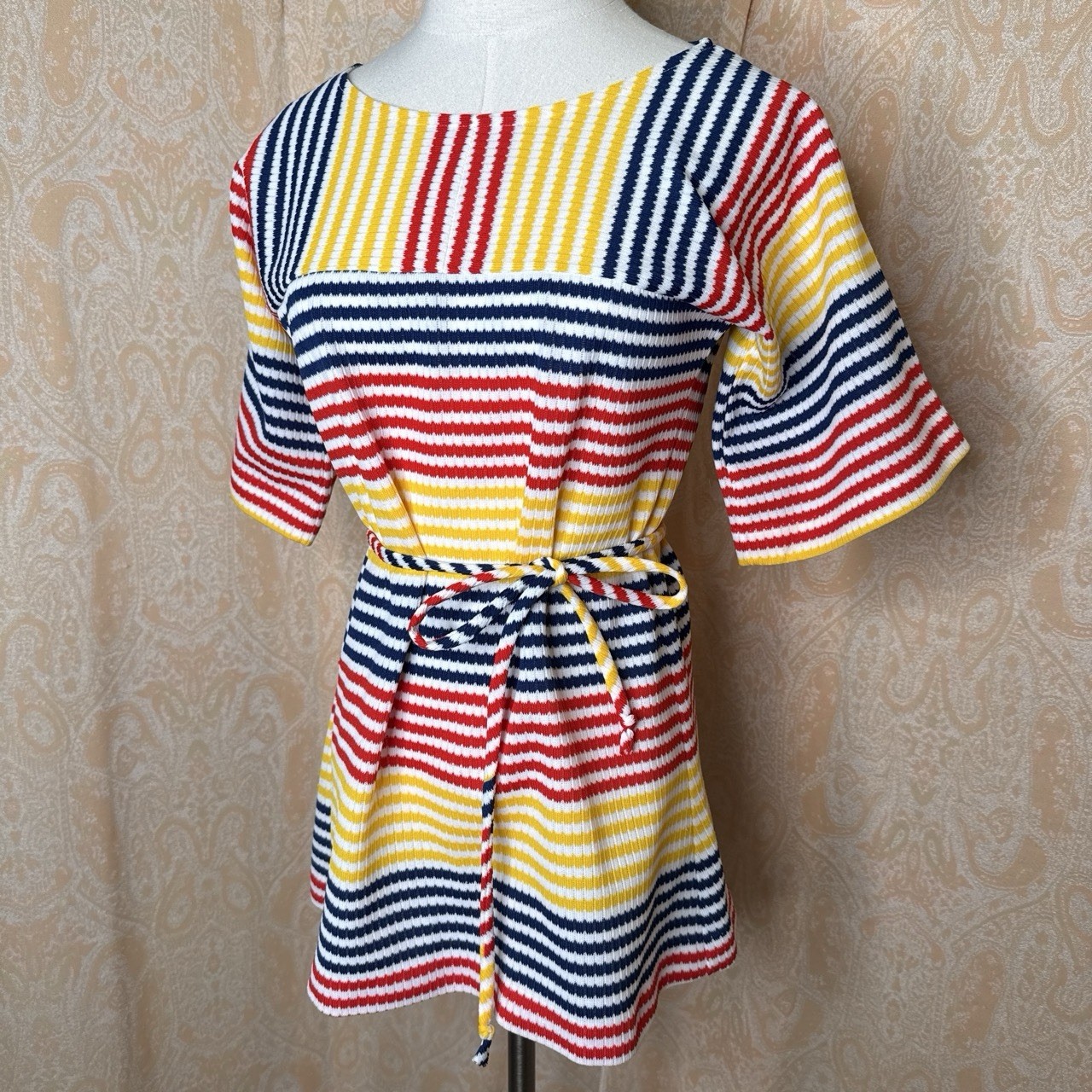 1970s Vintage Primary Color Red Yellow Blue Striped Tunic Top with Waist Tie