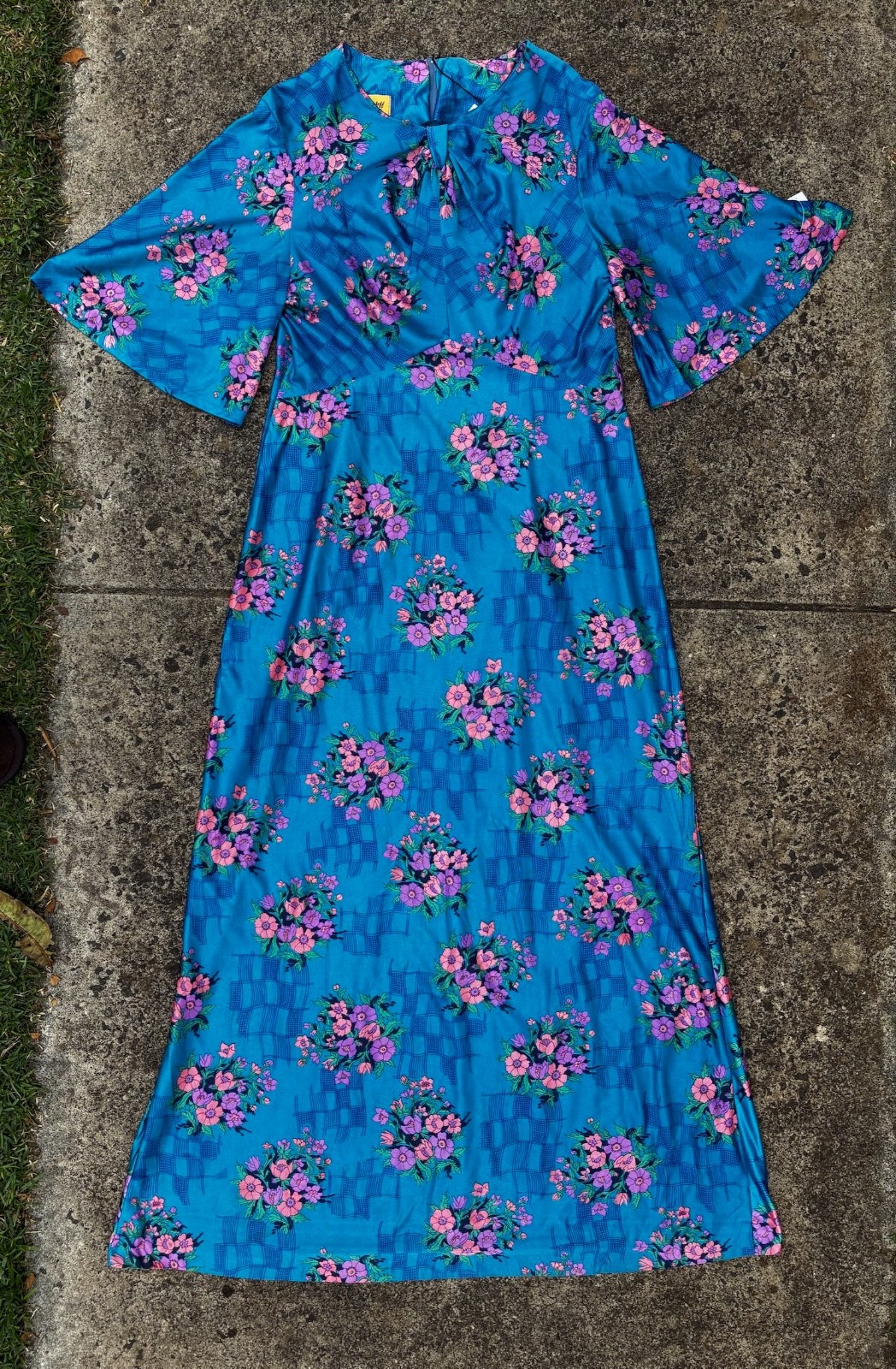 Vintage 60s Unworn size L Dress Blue Silky Maxi Long Tags Mint Fit & Flare