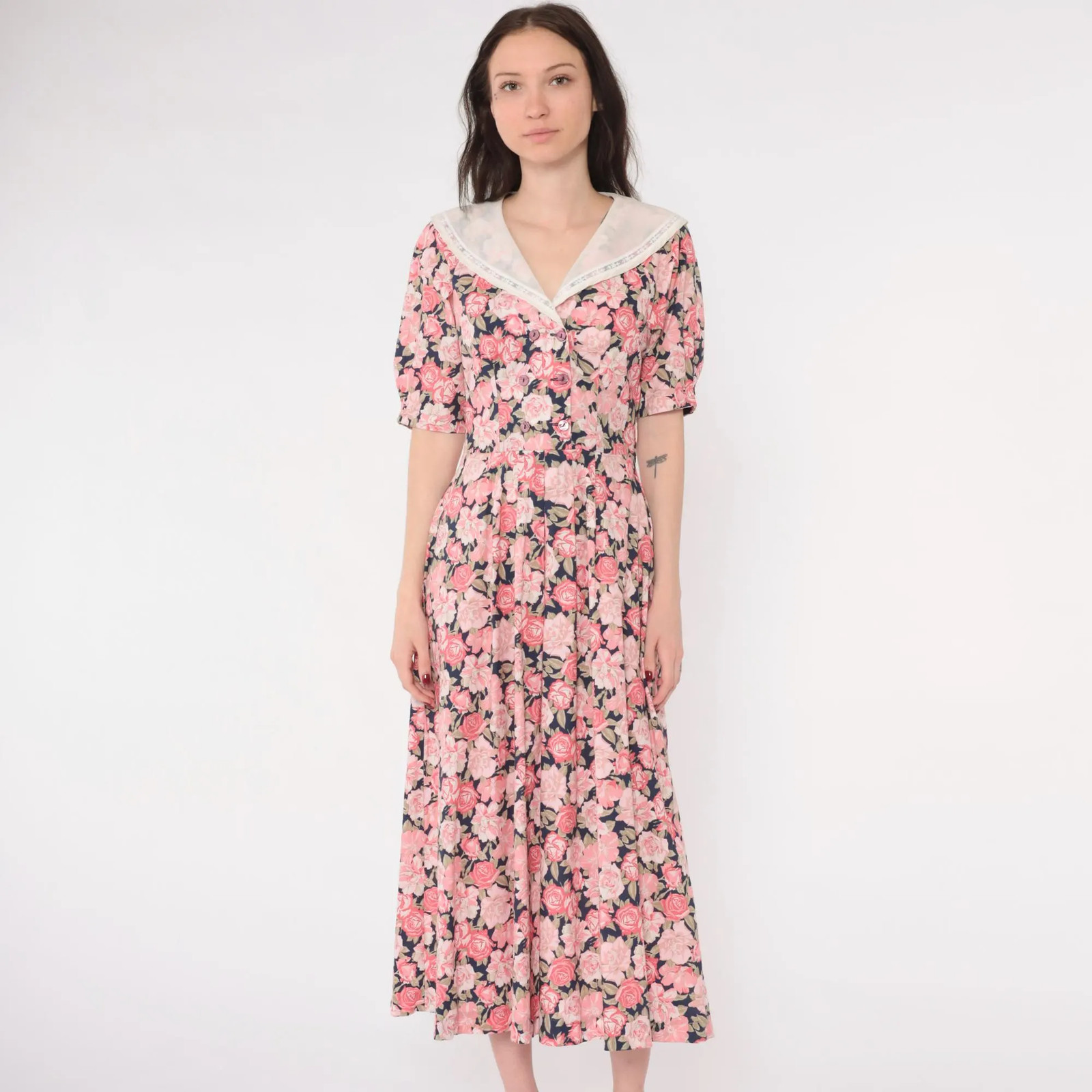 80s Laura Ashley Dress Pink Floral Dress Puff Sleeve Midi Cottagecore Double Bre