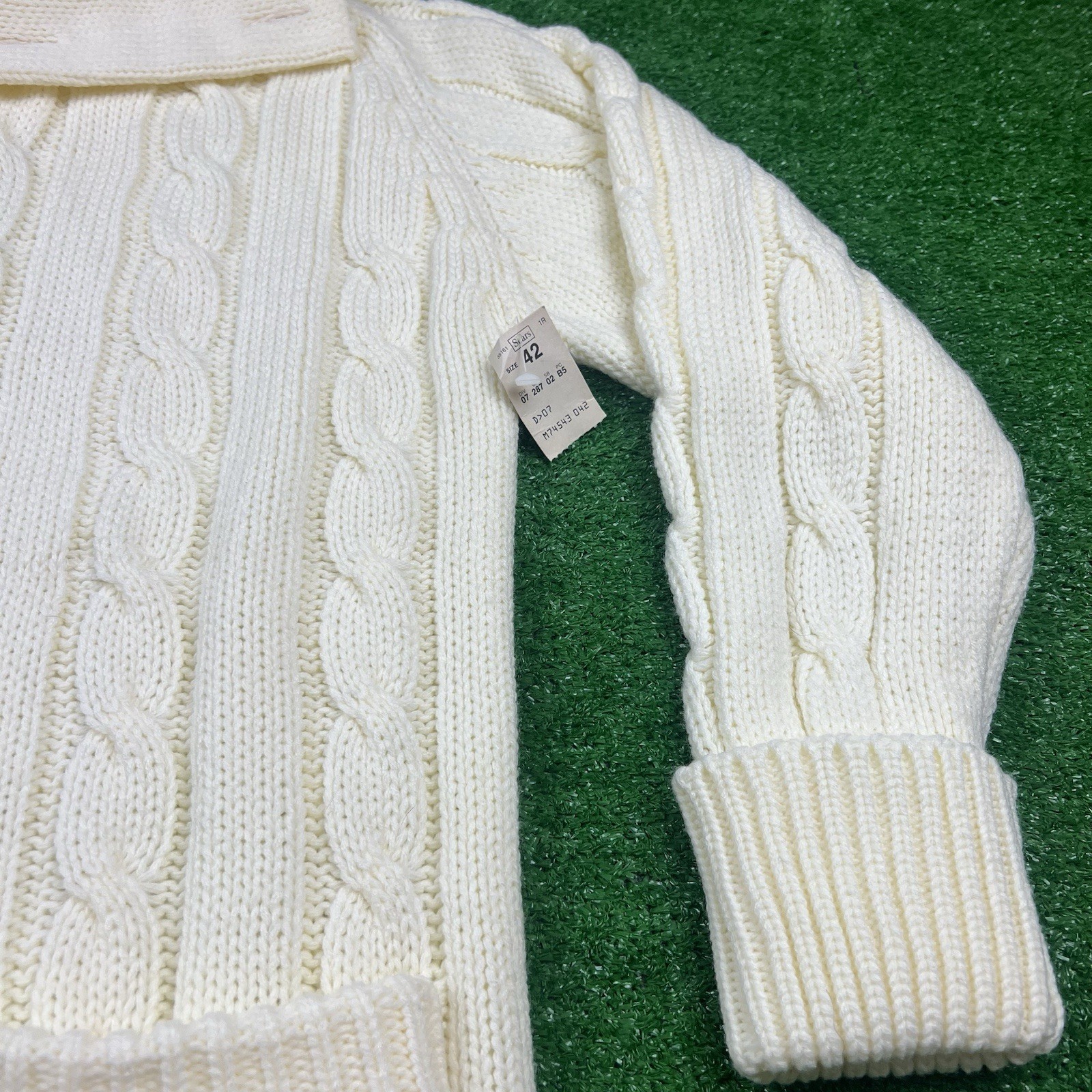 Vintage Sears Ivory Cable-Knit Chunky Fisherman Cardigan Sweater High Neck Sz 42