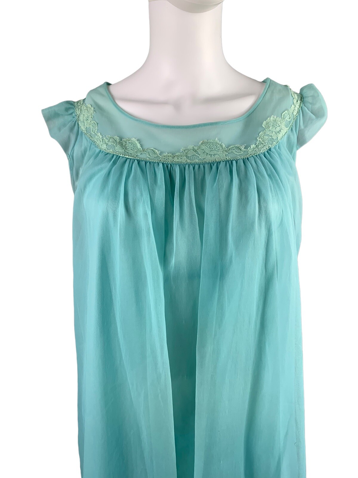 VTG Texsheen Lingerie Chiffon Green Blue Nightgown Dress Nylon Sheer Lace 32