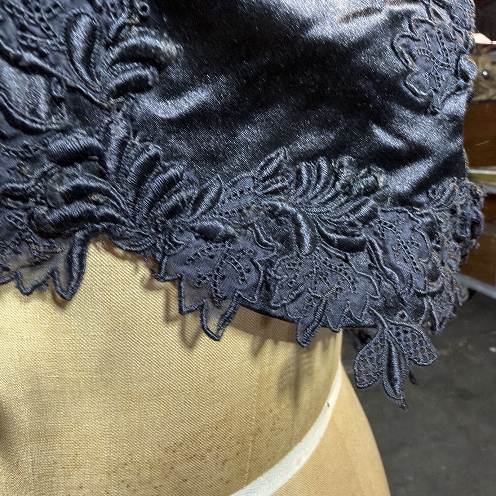 ANT/ VTG Edwardian Black Lace Satin Embroidered Sheer Bolero/Shrug 1890’s Goth