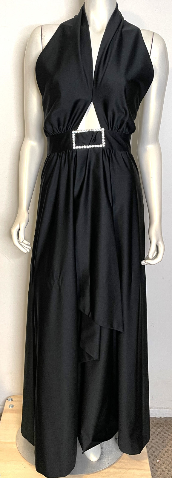 Vintage Black Long Evening Halter Dress 6 8 M Rhinestone Waist Backless