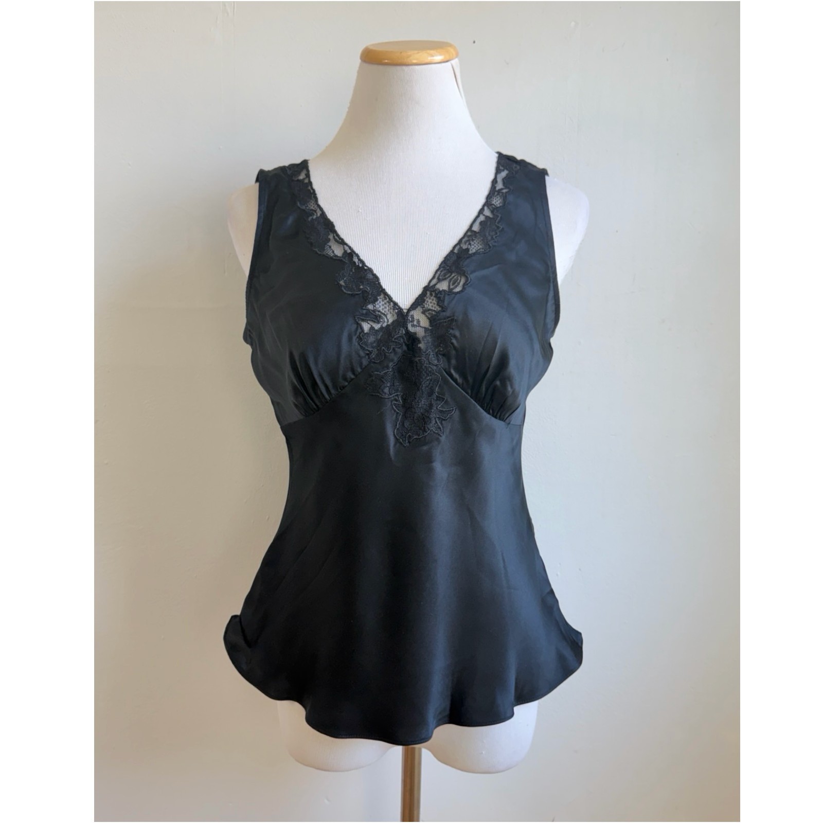 Vintage Black Silk Lace Trim Cami Top Size Medium 90s Lingerie Slip Blouse