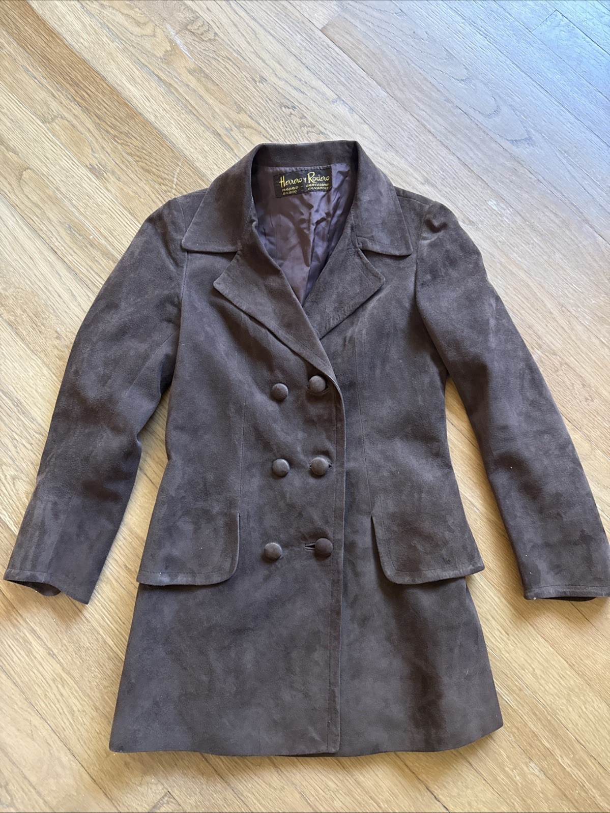 Herrero y Rodero Vintage 70s Brown Suede Double Breasted Coat Madrid Spain XS