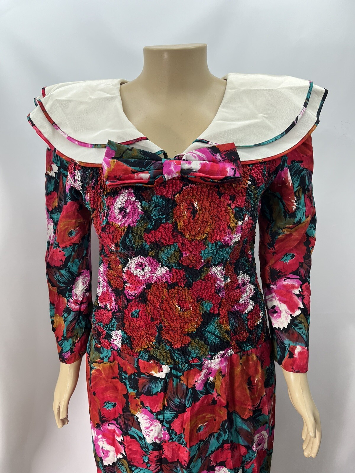 Vtg 80s Midi Tea Dress Smocked Floral Shawl Collar Bow Sz 14 LG Shoulder Pads