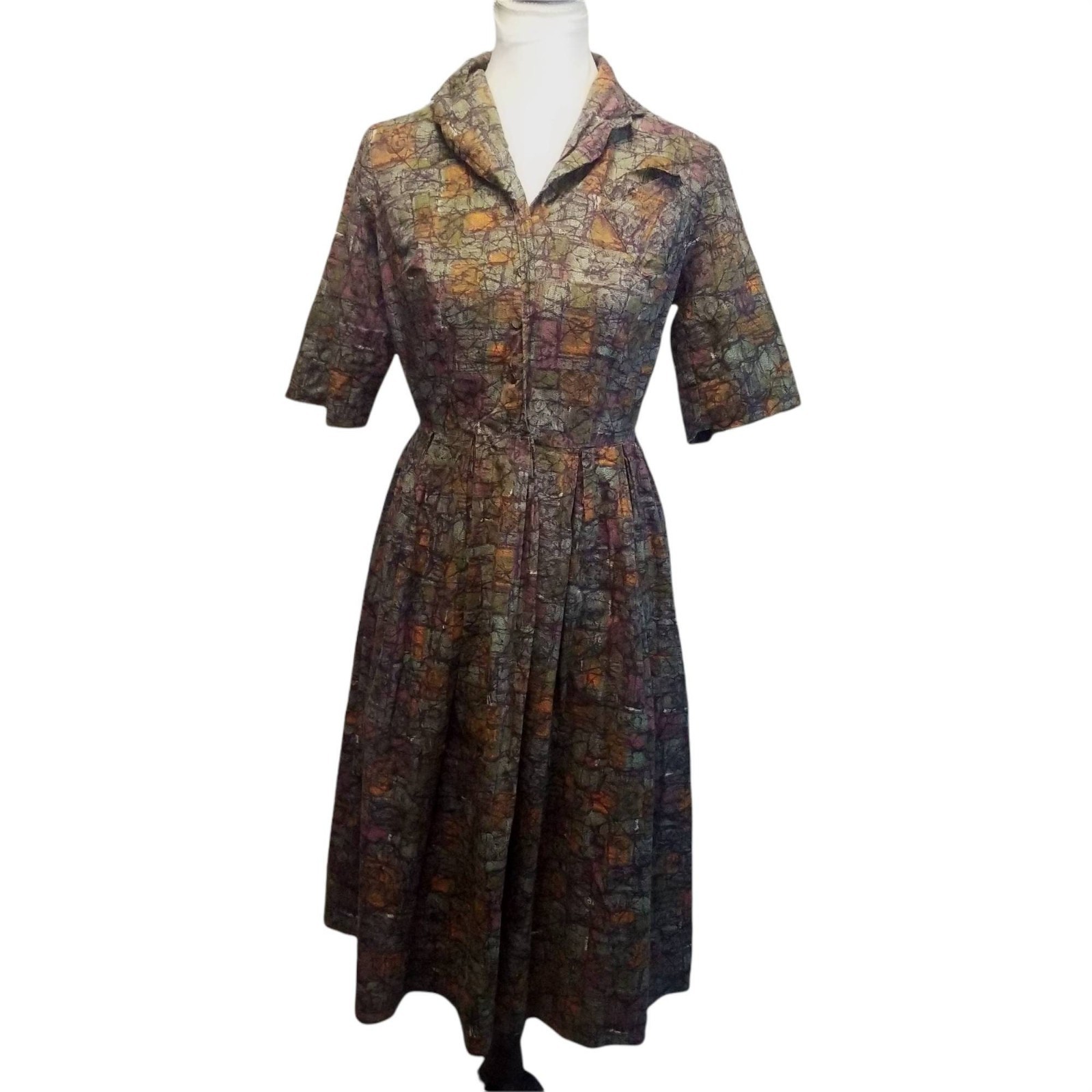 Vintage 1950s Abstract Pollock Print Day Dress, Atomic MCM Midcentury Shirtwaist