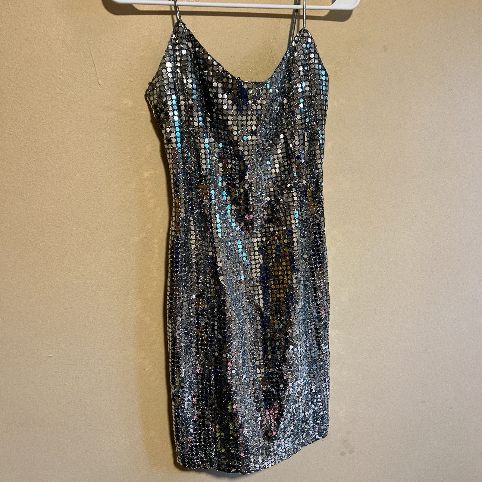 L.A Glo sparkly silver sequin vintage 90’s disco mini dress size 8 showgirl