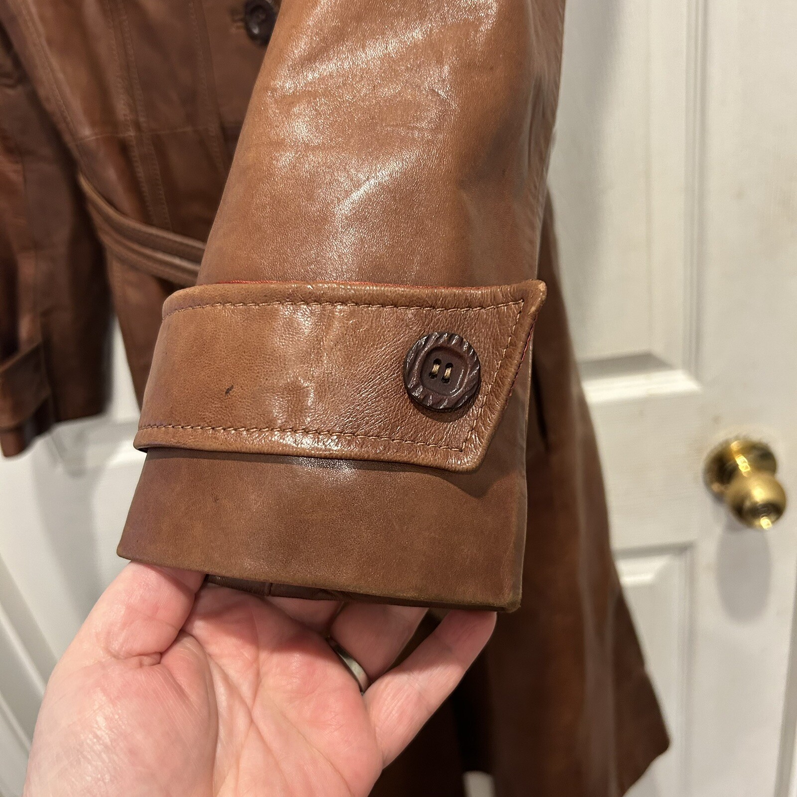 Skin Gear Belted Leather Trench Coat Jacket Womens M Vintage 70s Brown Lambskin
