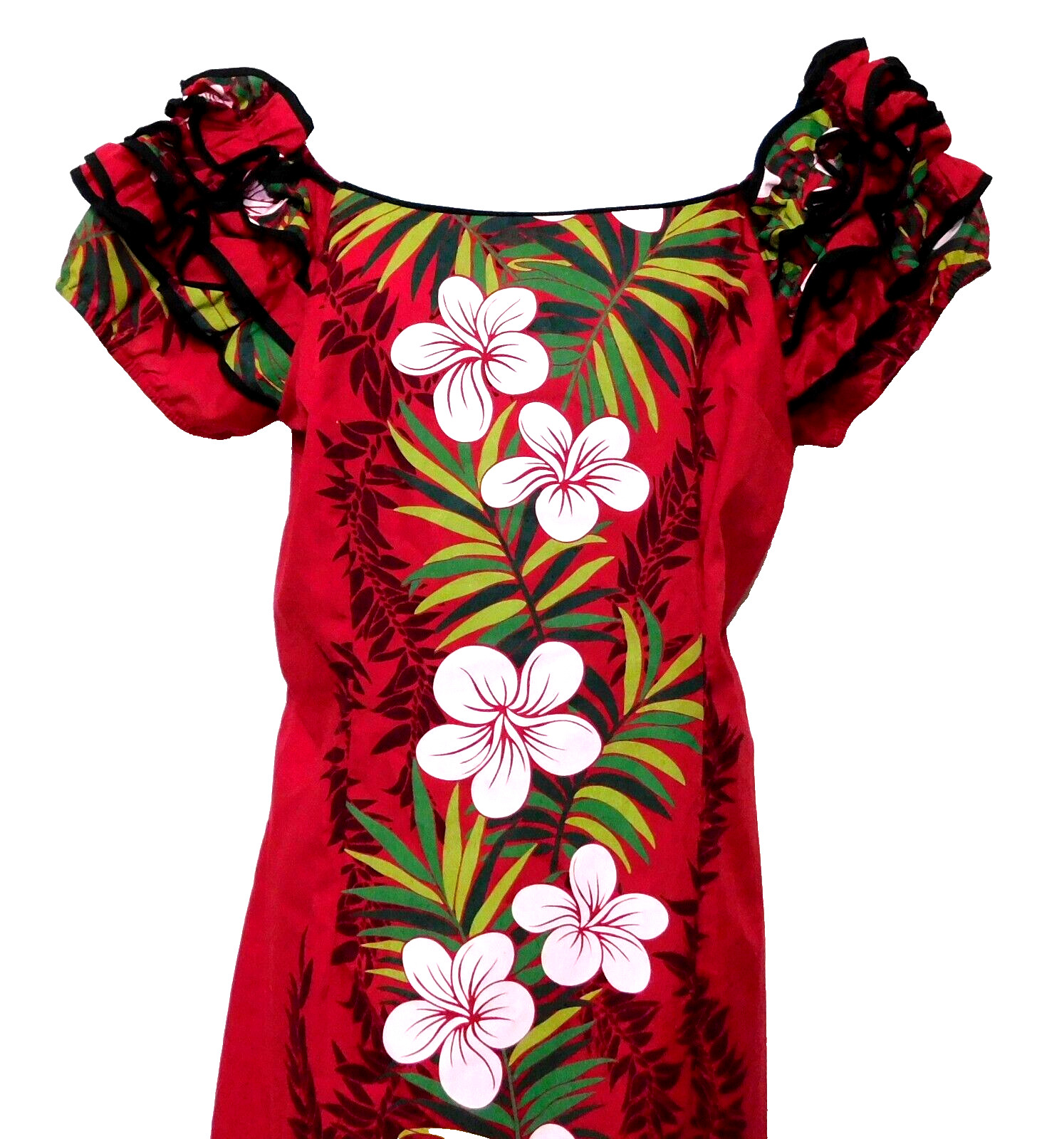 Vintage Royal Hawaiian Dress M Red Floral 60s 70s Muumuu Ruffle Off Shoulder