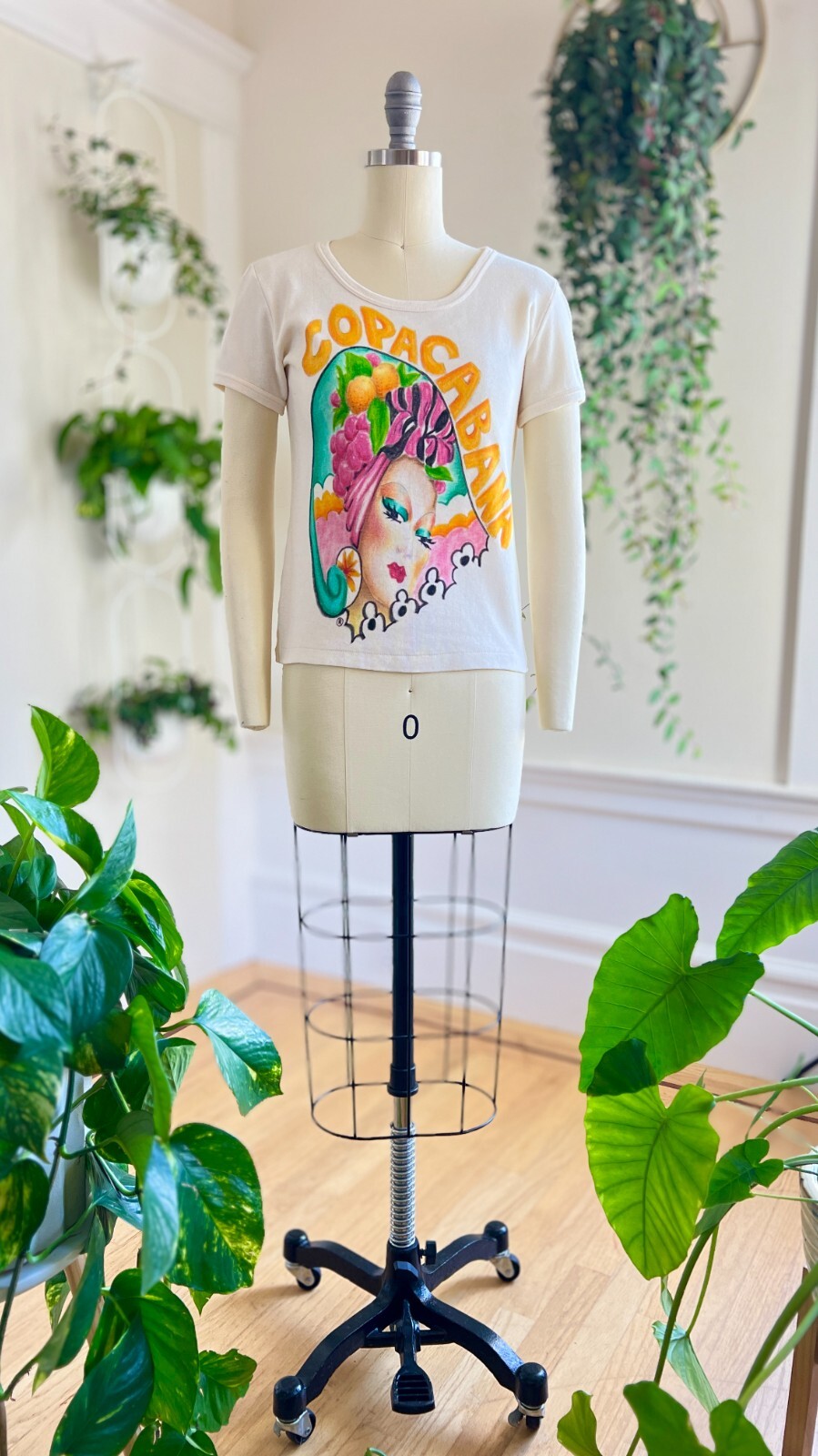 Vintage 1970s 70s Hand Painted Copacabana Carmen Miranda Wearable Art Tshirt Tee
