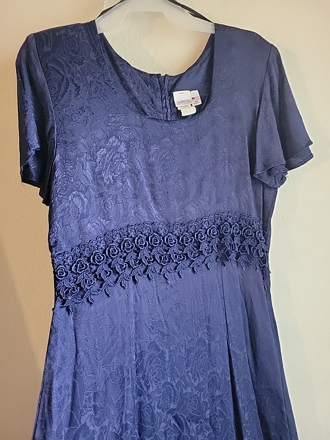 Vtg Frederick Of Hollywood By Jody Cold Rayon Rose Dress 11/12 USA Made Navy Blu