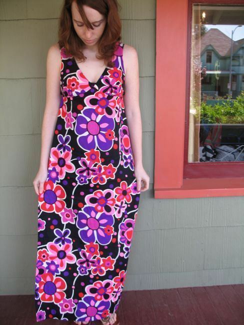 VTG 60s 70s Long Dress Slit Side Top Mod Hippie Festival Pop Floral Graphic S/M