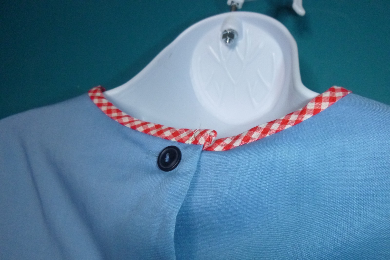 Vtg 60s Charmode House Dress Shift Blue W/ Red Gingham 3D Flower & Trim Sz S/M