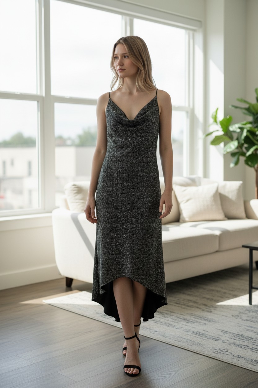 Vintage Jodi Kristopher Black Speckled High-Low Cowl Slip Dress