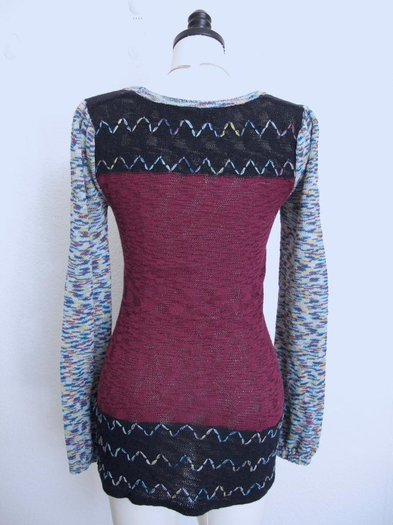 Vintage 90s BKE Mod Tunic Sweater S Mixed Media Embroidery HIppie Burgundy Black