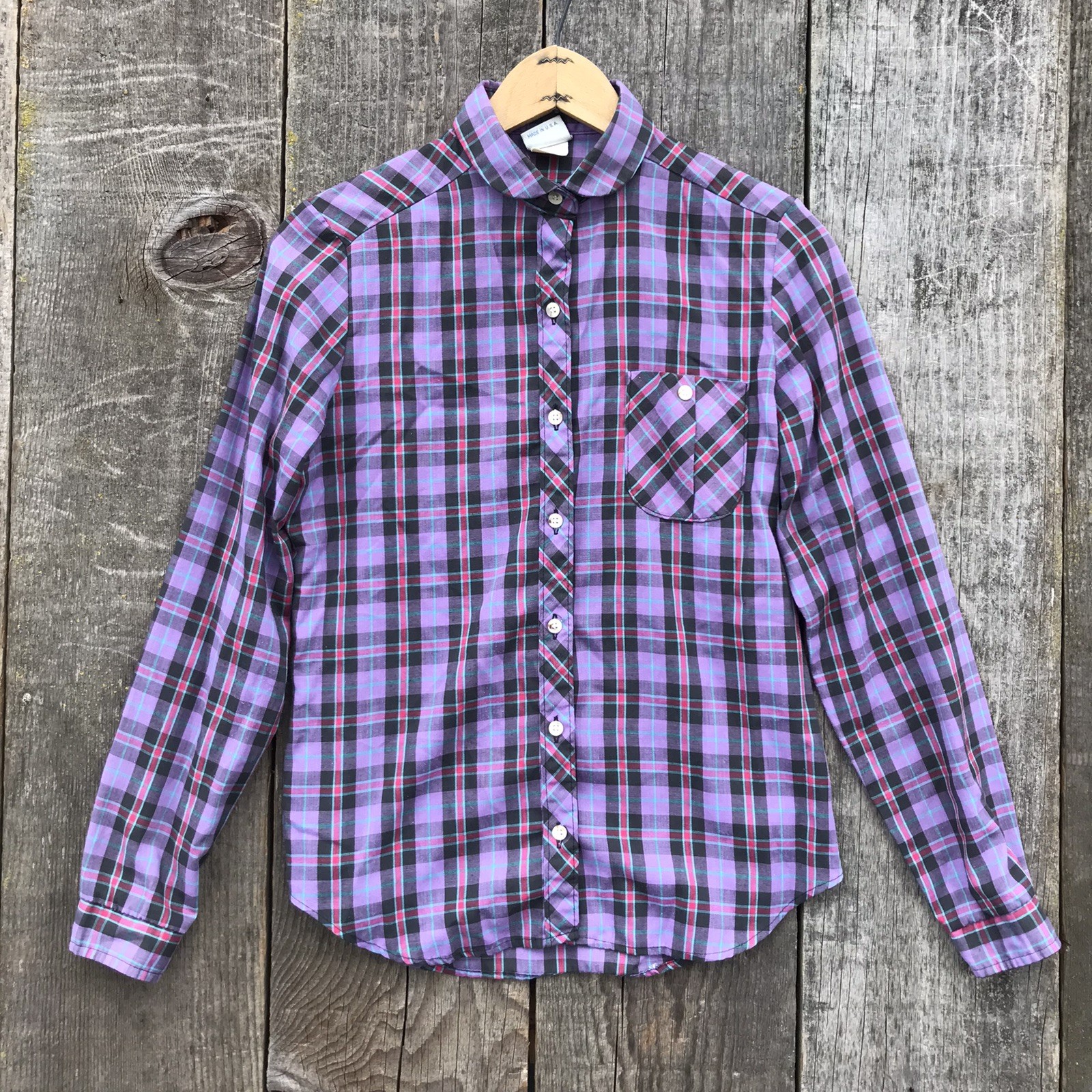 Vintage 80s Wrangler Cowgirl Peter Pan Collar Plaid Blouse Jrs 5 (Small) Reg XS