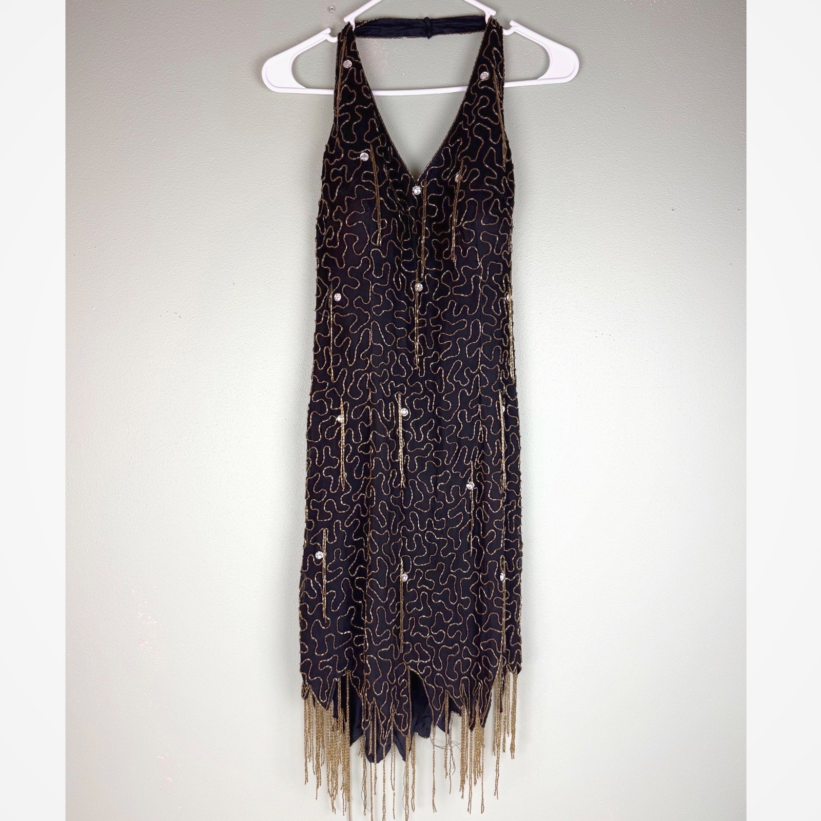 VTG Daval Designs Samir Suri Silk Beaded Halter Dress Black Gold Fringe Gatsby