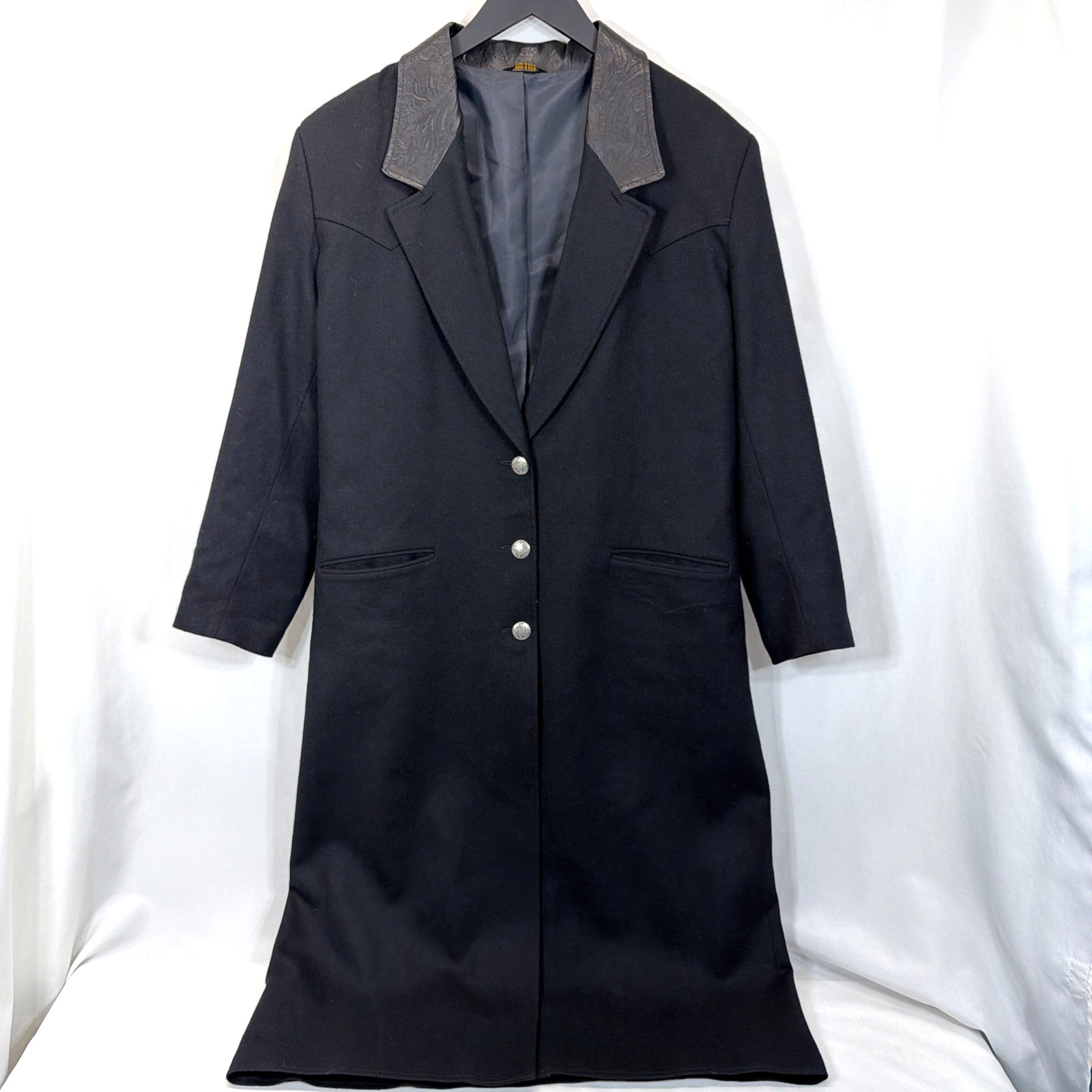 Pioneer Wear Womens Lrg Black Duster Overcoat Wool Western Leather Collar 22512