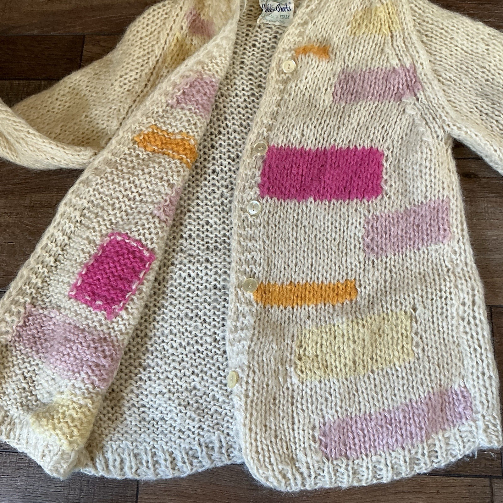 VINTAGE Bobbie Brooks Italy Hand Knit Mohair Wool Cardigan Sweater S Cream 17812
