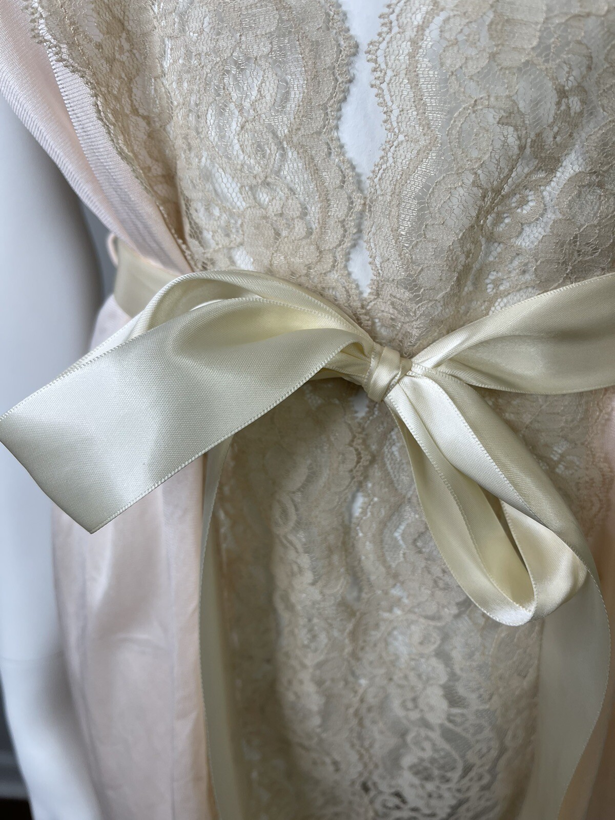 Vintage Soft Moment NY Pink Tan Nylon Lace Ribbon Sexy Night Gown Robe Size Med