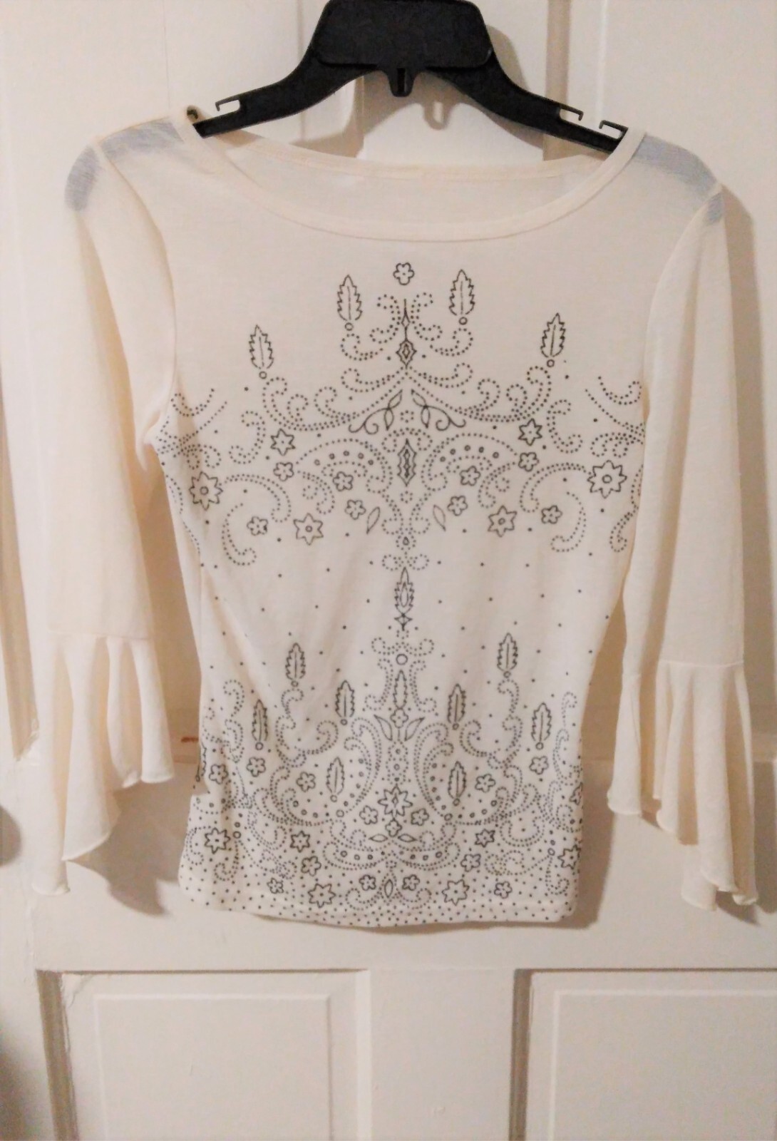 Vtg 90s Cream Beige Sheer Velvet Burnout Paisley Trumpet Sleeve Top XS
