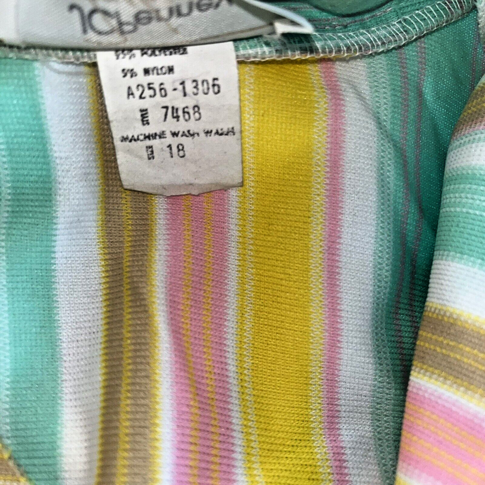 Vtg Shirt 70s Polyester Top Collar Spring Pastel Stripes Pink Aqua Brown L XL 40