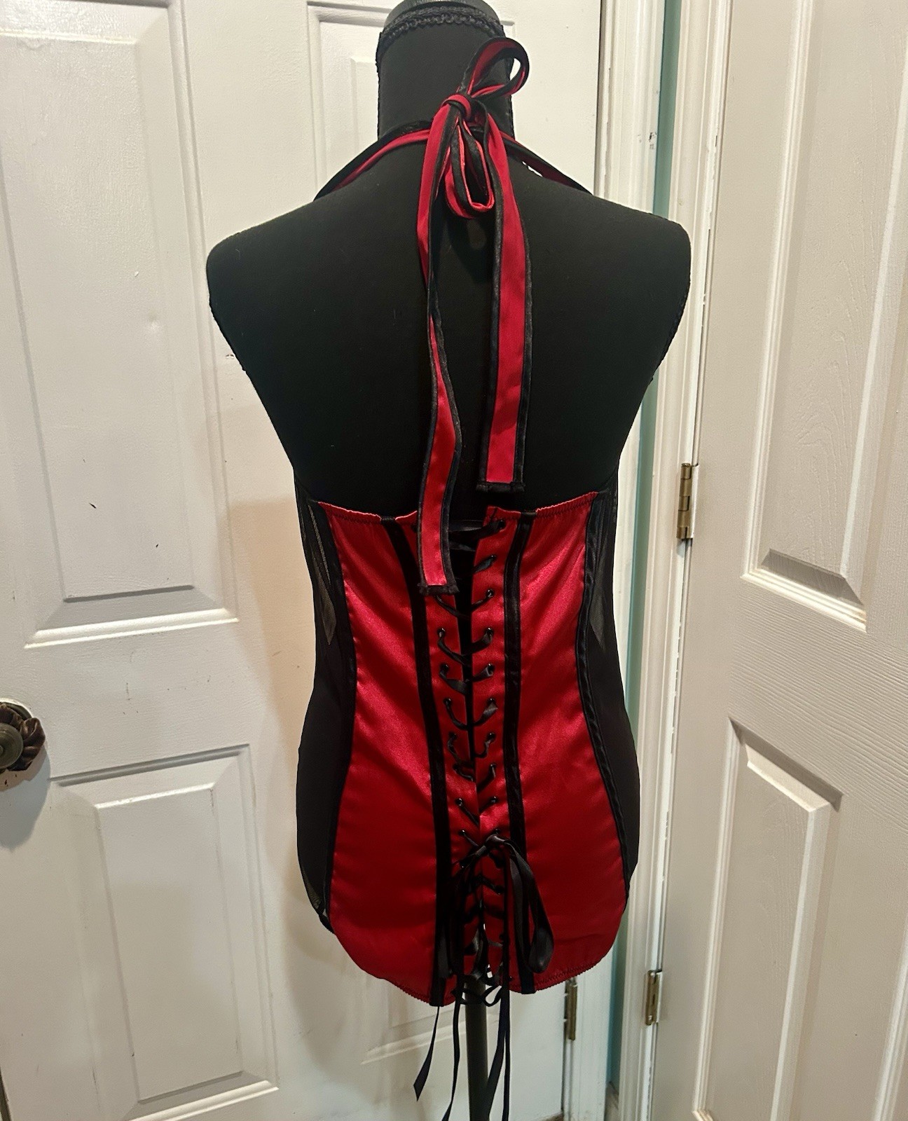 VTG Shirley of Hollywood Red Satin Black Mesh Lace Corset Style Lingerie Dress