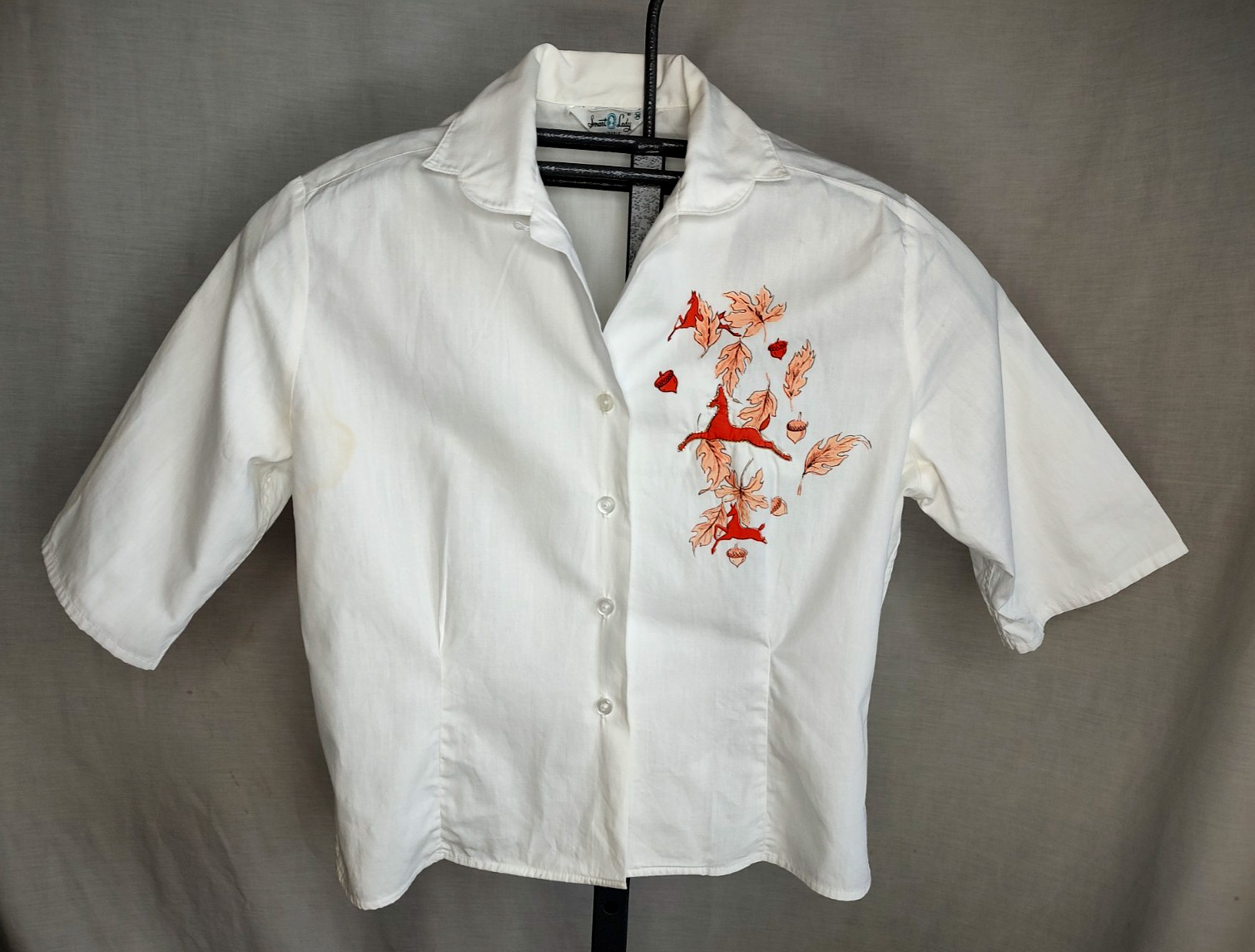 Vtg 50s/60s Smart Lady Loop Collar Shirt Top Womens Sz 34 Deer Applique/Leaves