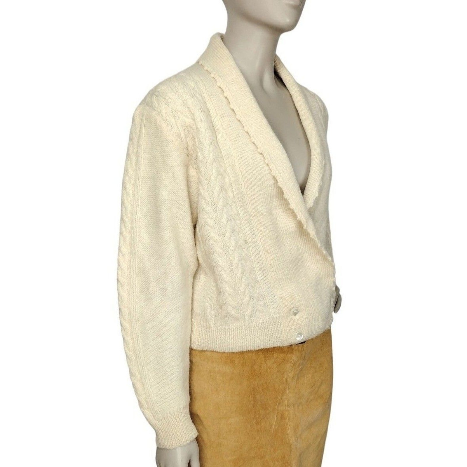 Vintage 70s Alpenblick Alpaca Wool Blend Cable Knit Shawl Neck Surplice Cardigan