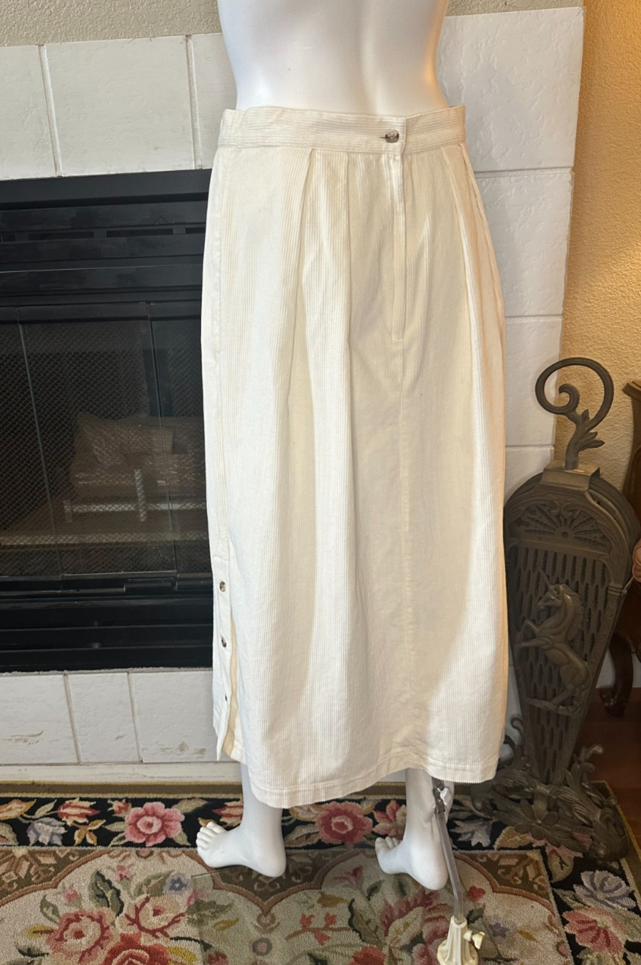 Vintage Calvin Klein Ivory Corduroy Straight Below Knee Skirt snap Slit