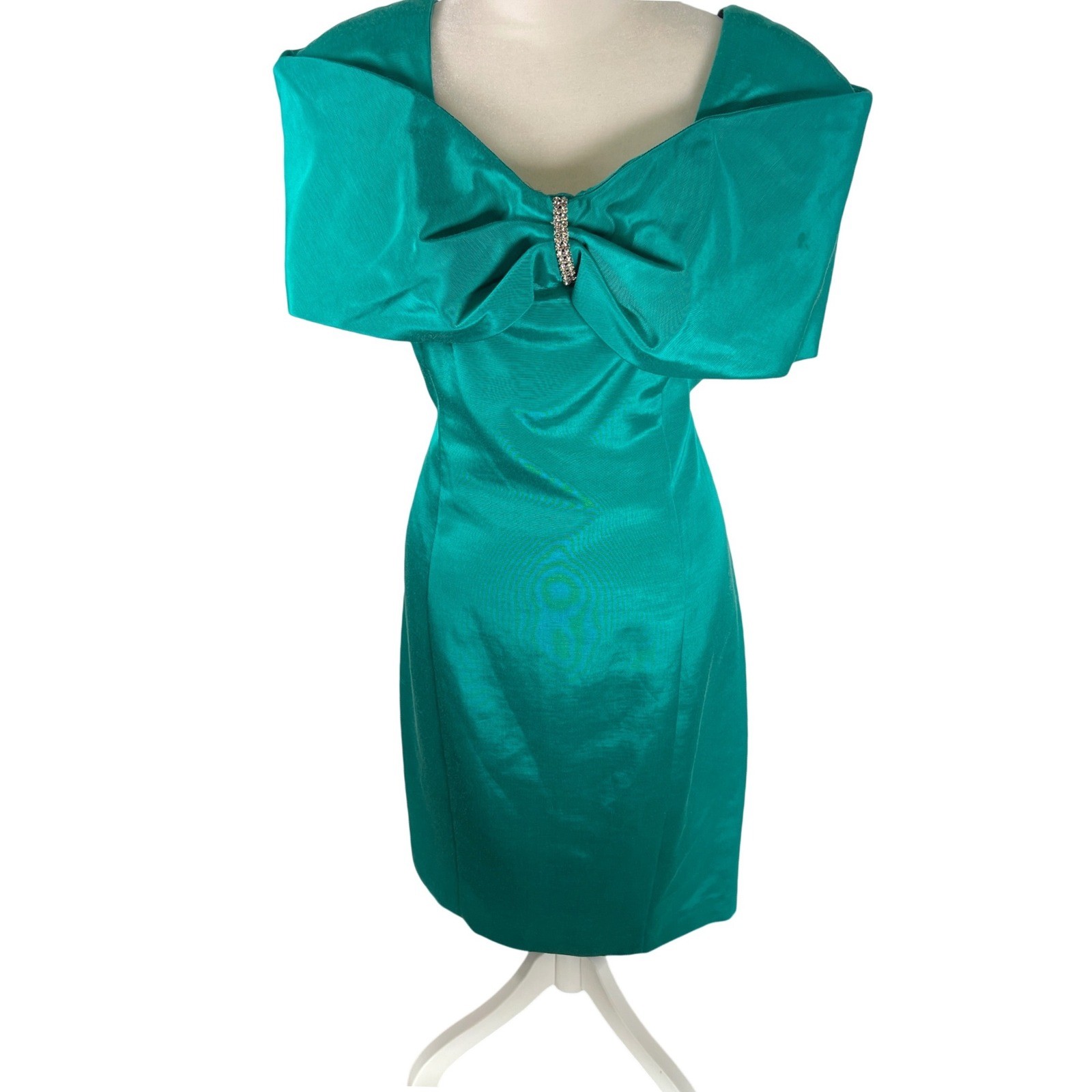 Jessica Howard Vintage Teal Green Bow Rhinestone Cocktail Dress Size 12 80s 90s