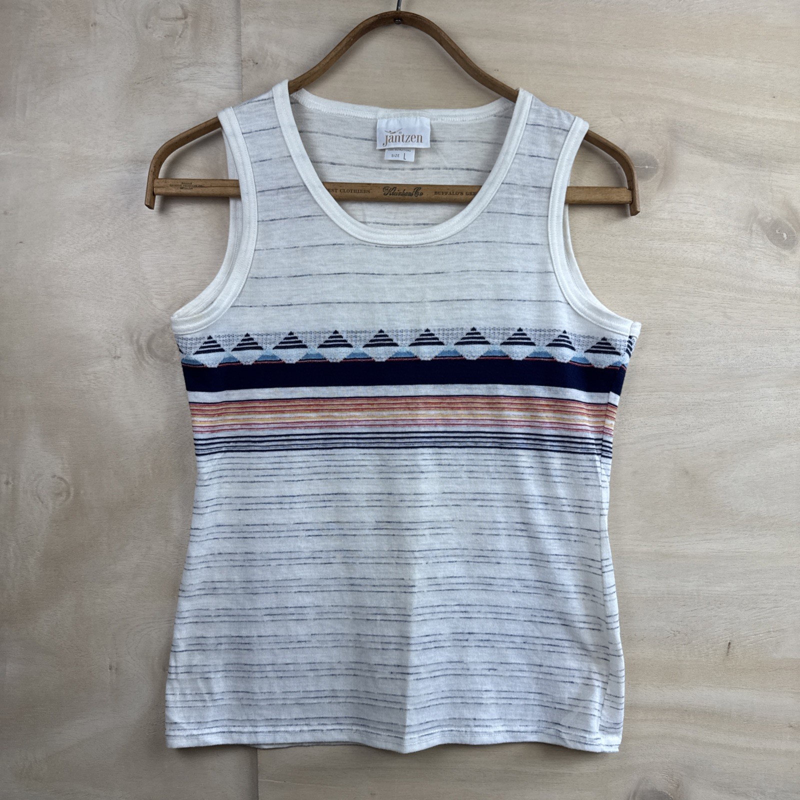 Vintage 70s Jantzen Striped Knit Tank Top Geometric Pattern Summer USA Sz Lg