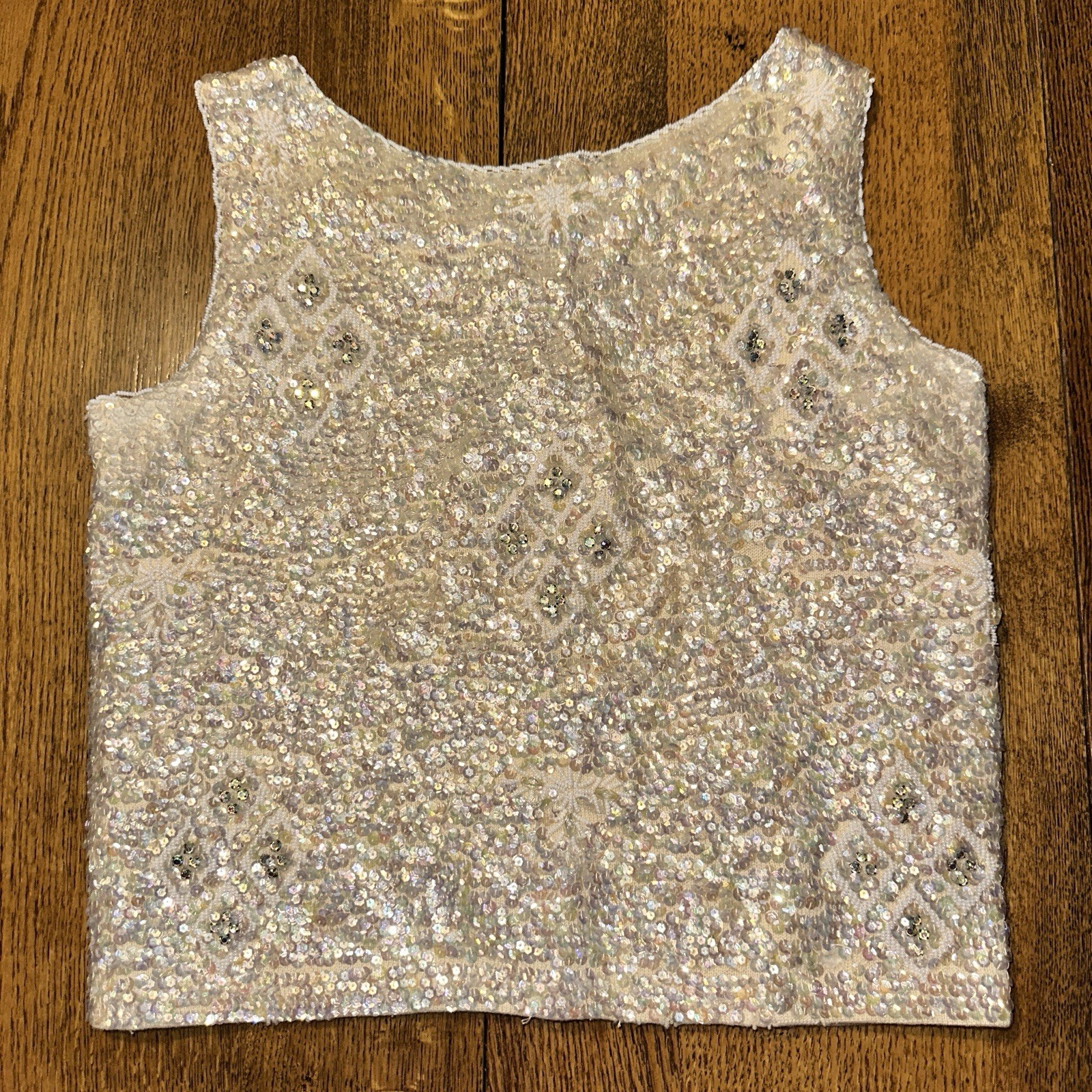 Vtg 50s 60s Hand Beaded Sequin Sleeveless Sweater Top Ivory 34 Glam Holiday Flaw