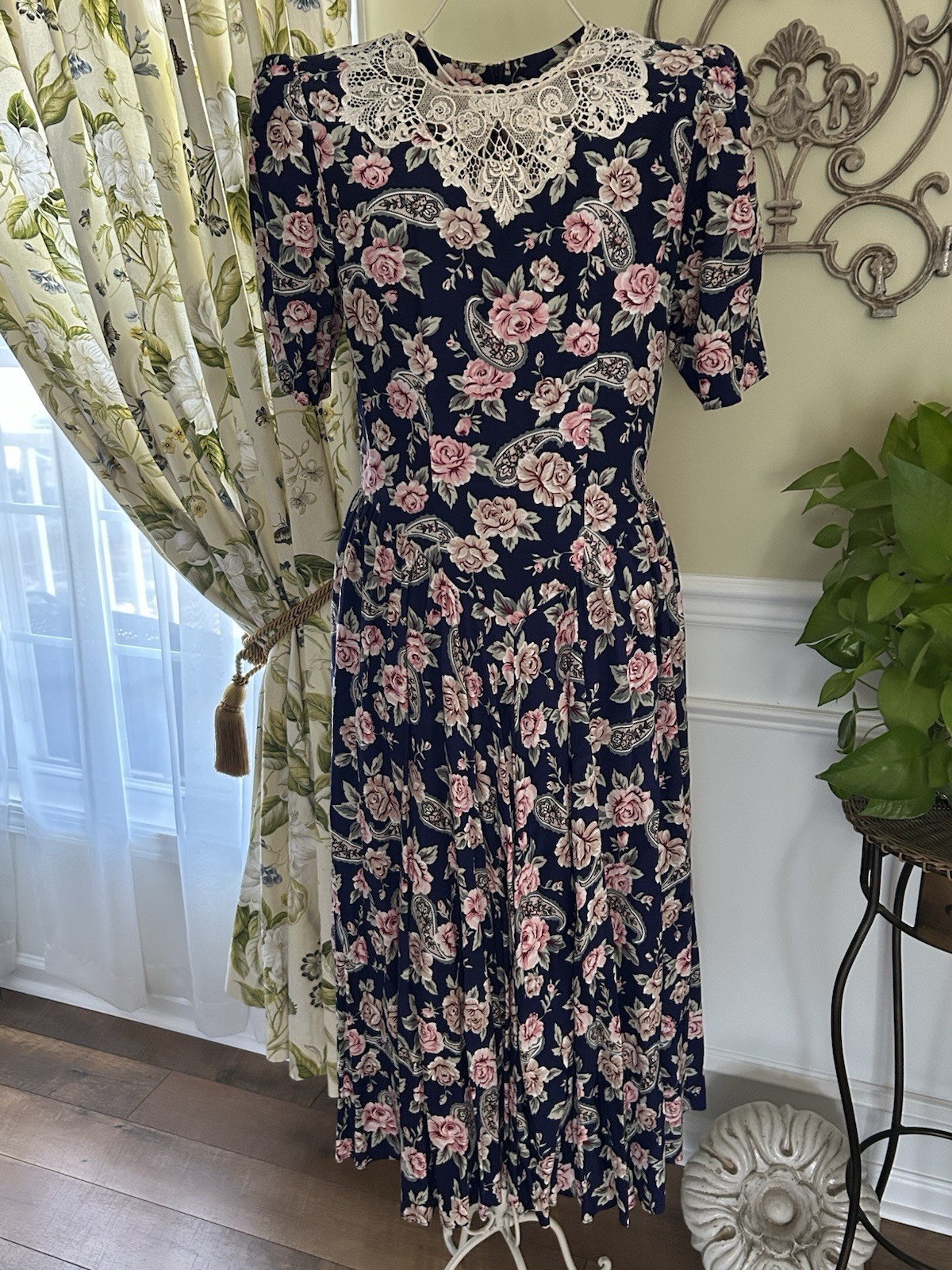 Women’s Vintage 80’s Garden Party Floral Paisley Print Dress 9 10 Large Rayon