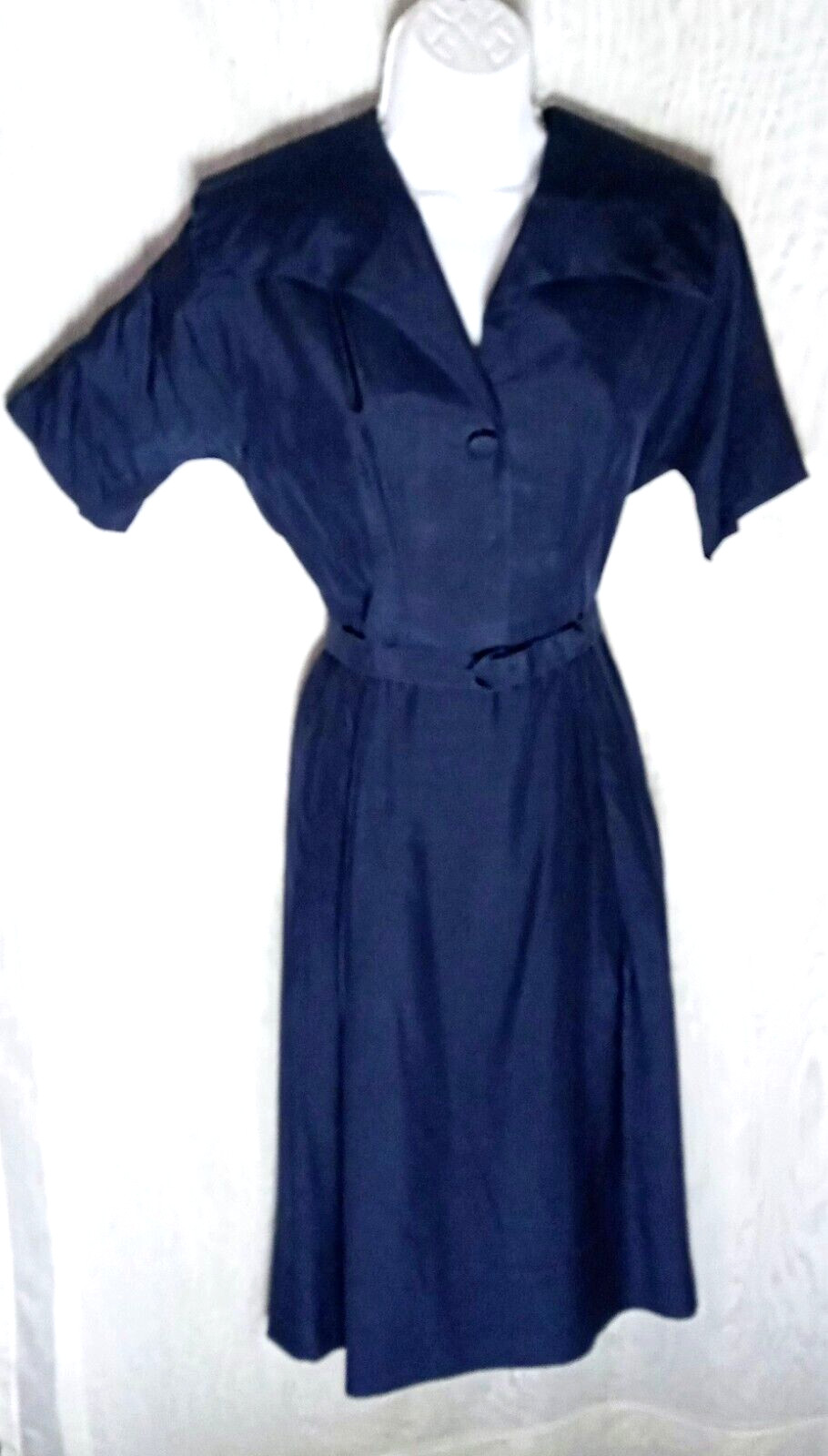 Vtg 1960’s sz Small Navy Blue Shirtwaist Dress Side Metal Zipper Belt Handmade