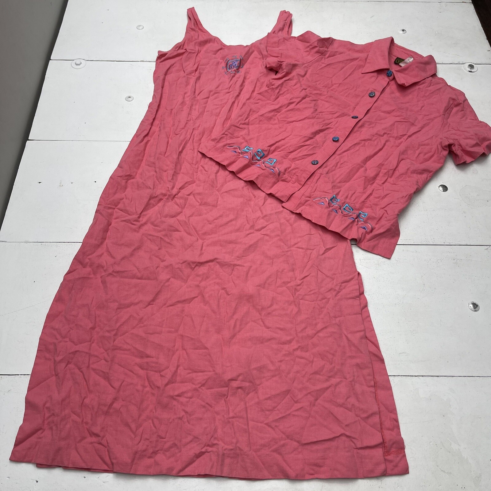 Vintage Virgo II Pink Linen 2 Piece Dress With Button Up Womens Size 14