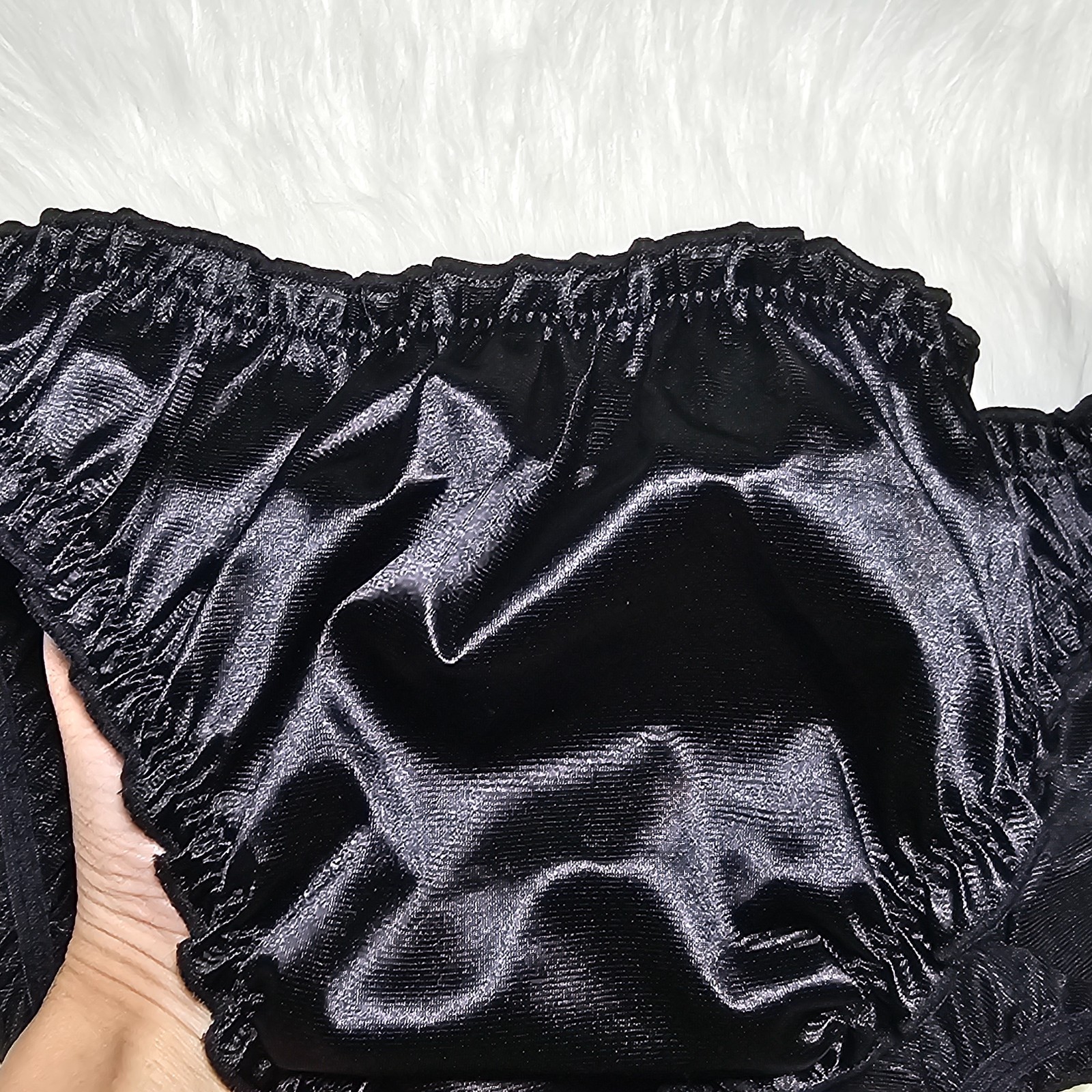 Glossy Nylon Satin Panty Liquid Black Bikini Sissy Ruffle Brief Sz. 8 Hip 40-44″