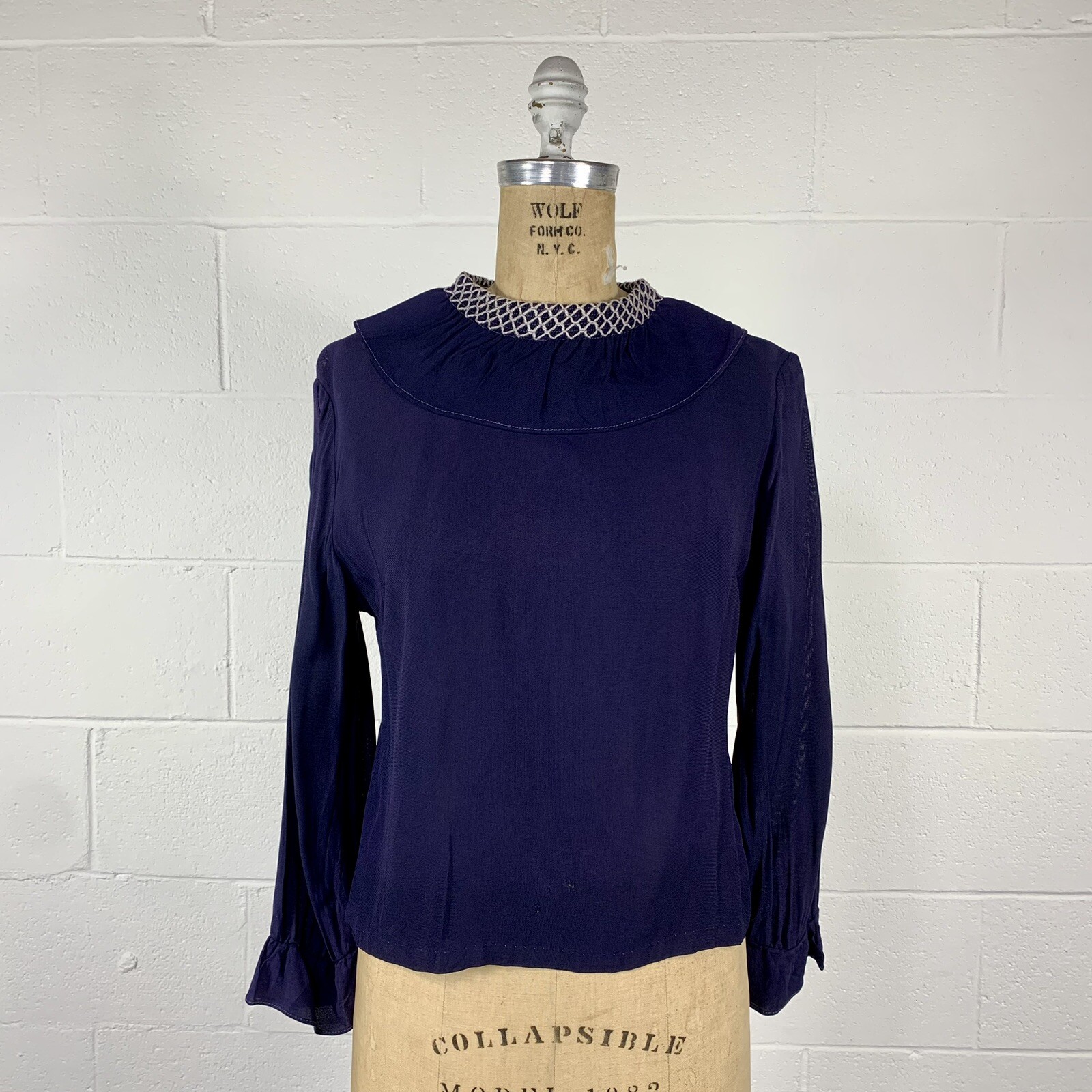 Vintage 40s Blue Crepe Back Button Blouse Smocked Collar AS IS Pattern Study S/M