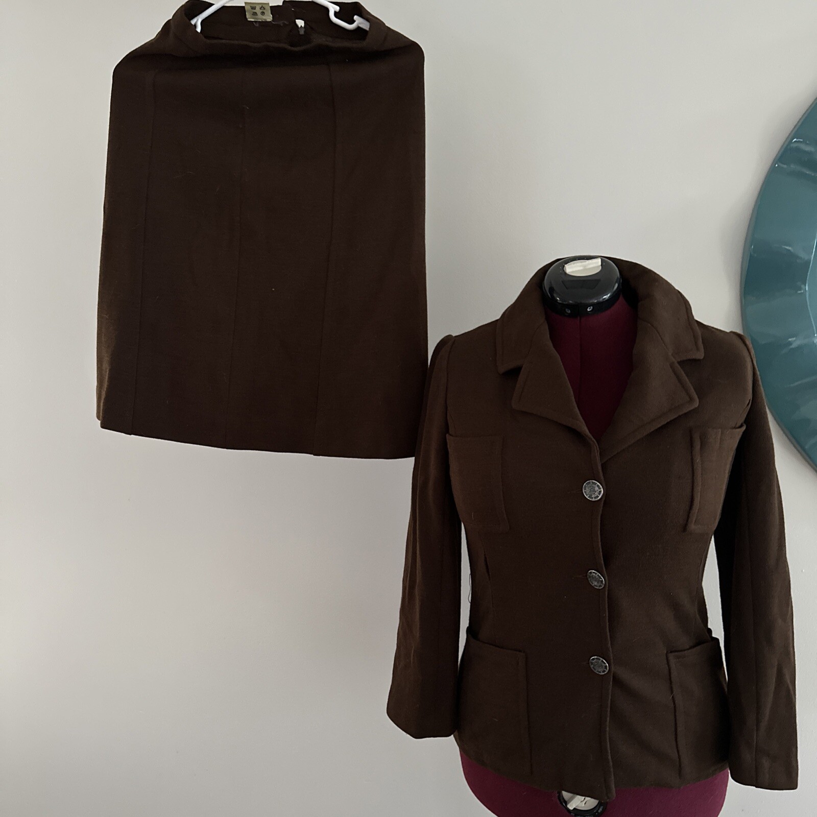 VTG Gimbels Womens Jersey Business 3 Button Blazer + Skirt BROWN *has tear (pic)