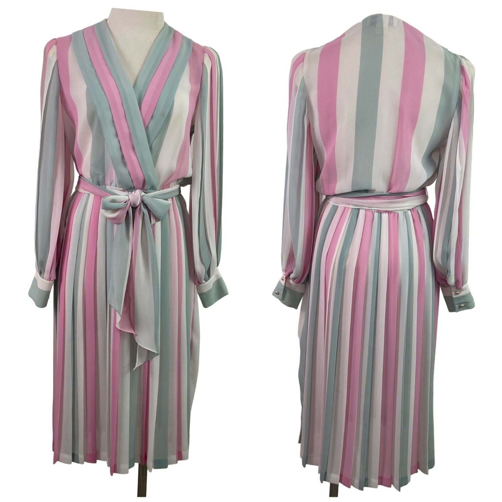 VTG 70’s Pink Blue White Pastels Striped Sheer Pleated draped Romantic Dress Sm