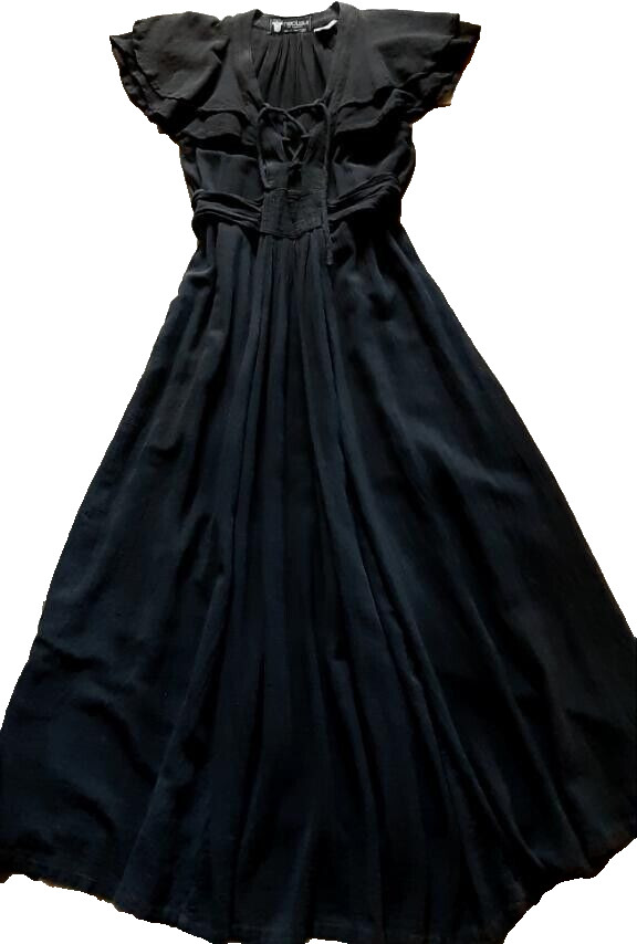 Vintage RADLEY London Black Maxi Sexy Cotton Dress Wing Sleeves Size 12-36″/91cm