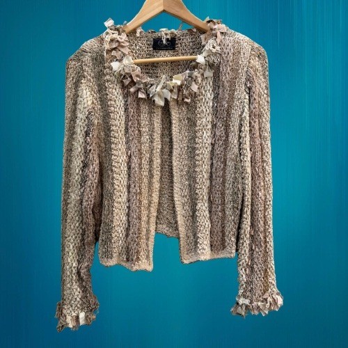 Vintage 1991 Estelle Gracer Handwoven Fiber Art Ribbon Knit Cardigan Medium Rare
