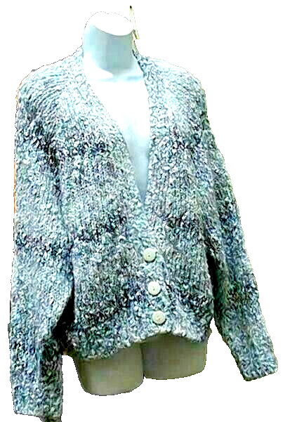 Evian Long Sleeve Blue Mottled Chunky Knit Gnarly Cardigan Vintage Sweater Sz L